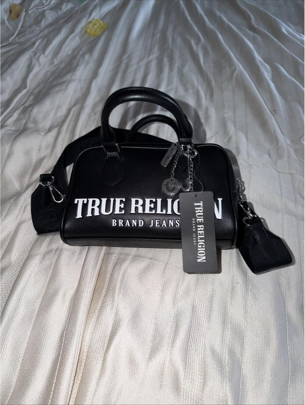 True Religion black Bombe Satchel, Detachable Strap, Charms, Embossed Logo